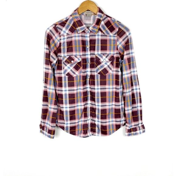 Passport Tops - Passport Women Top Medium Plaid Snap Closure Pink Multicolor Roll-Up Long Sleeve